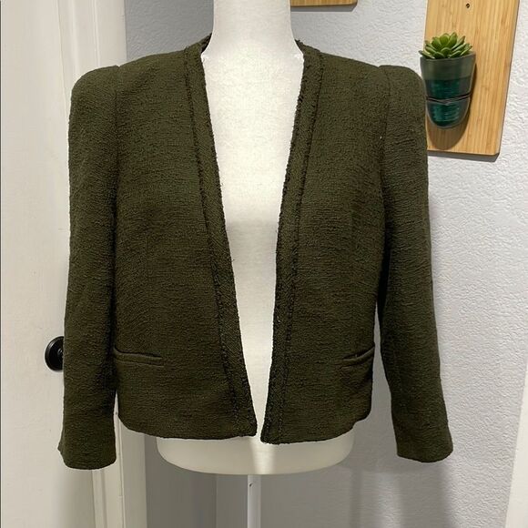 Zara Khaki Green Textured Open Front Blazer Gold Buttons Shoulder Pad Size Large - Picture 2 of 10
